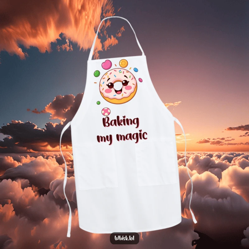 Funny donut apron, in the act of juggling, ready for kitchen adventures with a humorous and sweet flair.
