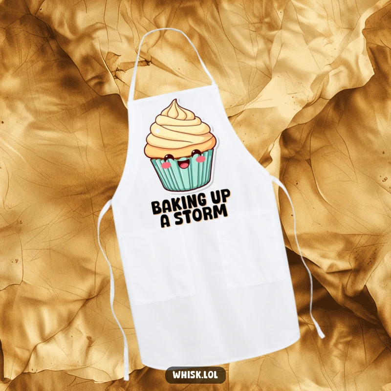 Funny Apron featuring a happy, cheerful cupcake with a prominent smile, perfect for kitchen fun and protection.