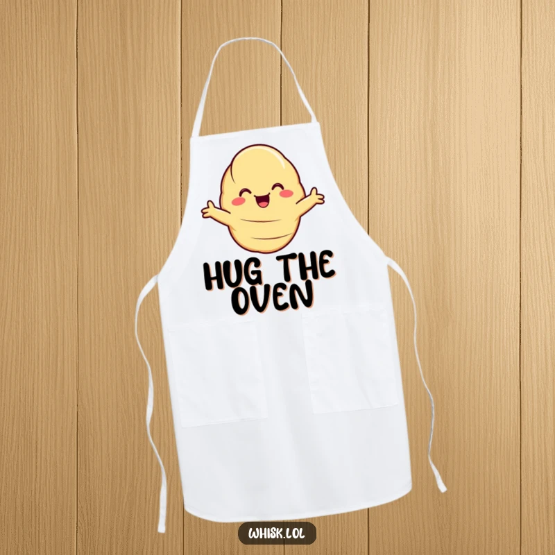 Funny Apron featuring a smiling croissant with arms extended, ready to embrace you while you cook.