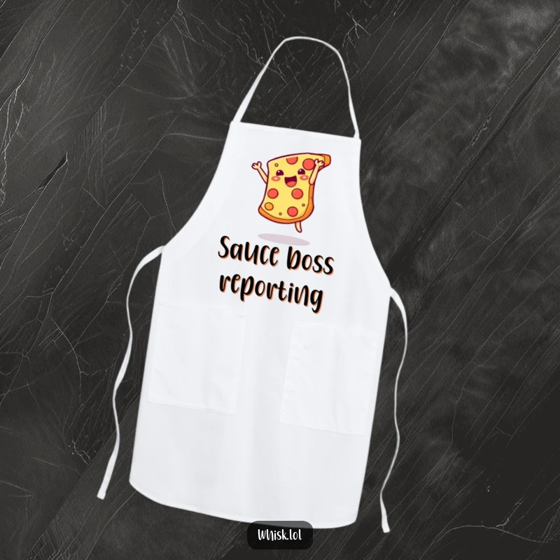 Funny cheesy pizza slice doing a somersault on a kitchen apron, adding humor and fun to cooking.