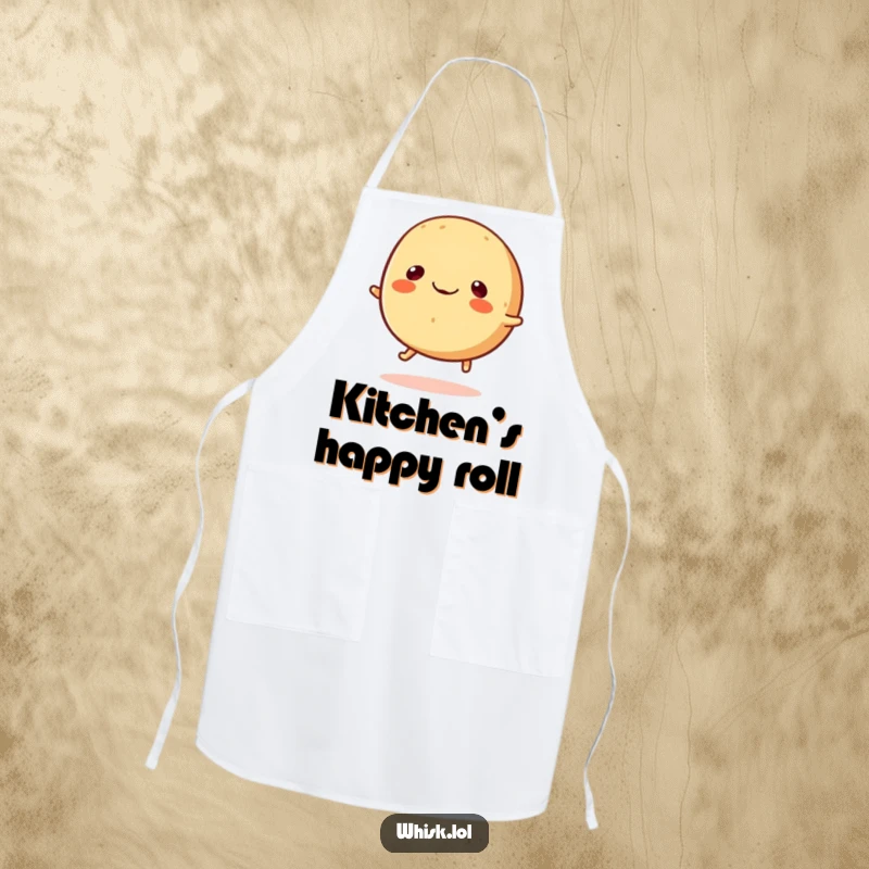 Funny round bread roll with tiny legs happily bouncing, durable apron for a funny gift.