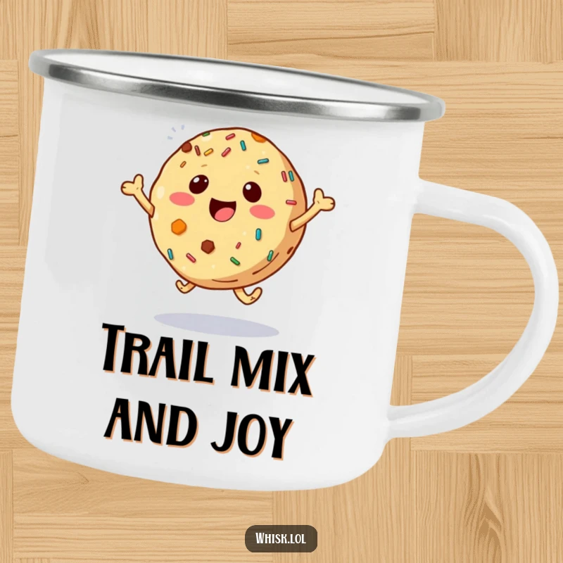 Funny bouncing cookie with sprinkles on a durable camping mug, ready for outdoor adventures and cheerful mornings.