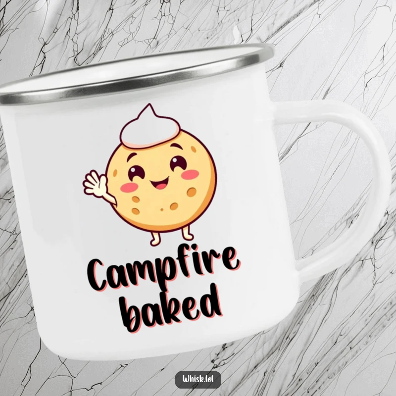 Funny cookie camping mug, waving hello, ready for adventures and sweet sips.