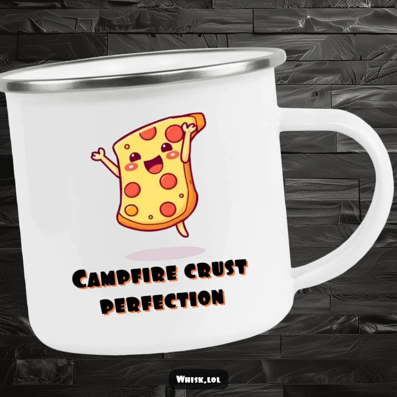 Funny cheesy pizza slice doing a happy somersault on a durable camping mug, perfect for outdoor dining and fun.