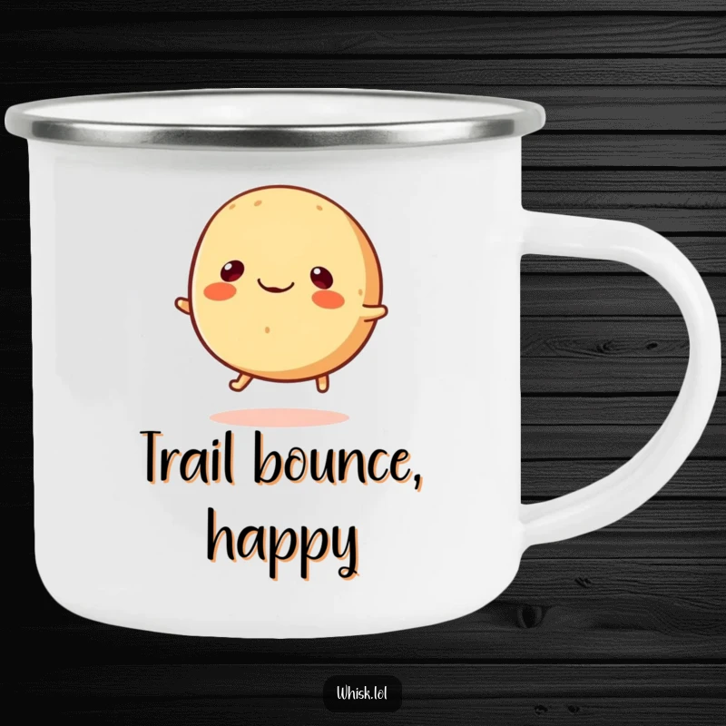 Funny round bread roll with tiny legs happily bouncing, sturdy camping mug for a funny gift.