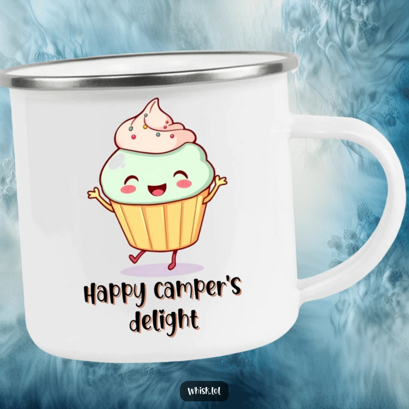 Funny Cupcake Camping Mug: A smiling cupcake with tiny legs dances happily, adding a humorous and sweet touch to your outdoor drink experience.