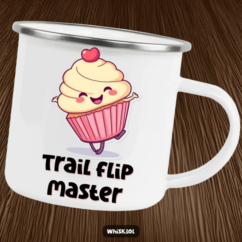 Funny cupcake camping mug, mid-cartwheel, ready for adventures and cheerful sips.