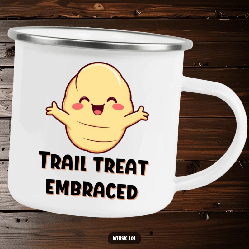 Funny Camping Mug featuring a smiling croissant with open arms, ready to offer a warm, baked hug on any trail.