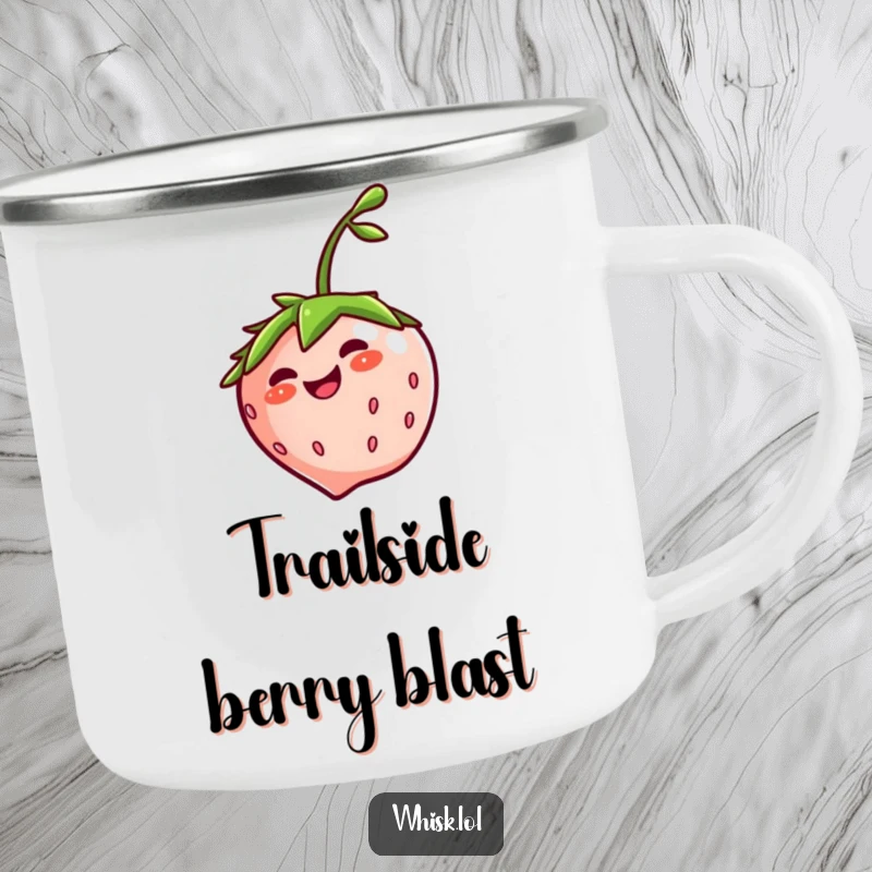 Funny giggling strawberry spinning on a durable camping mug, perfect for outdoor enjoyment and cheerful mornings.