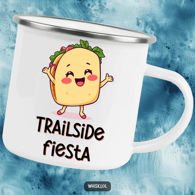 Funny taco camping mug, dancing with salsa, ready for adventures and spicy sips.