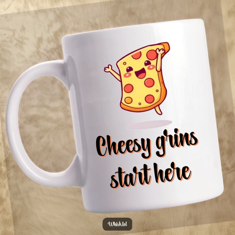 Funny cheesy pizza slice doing a happy somersault on a ceramic mug, a delightful and humorous breakfast companion.