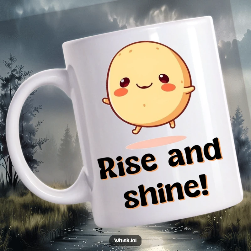 Funny round bread roll with tiny legs happily bouncing, a cheerful mug for carb lovers.