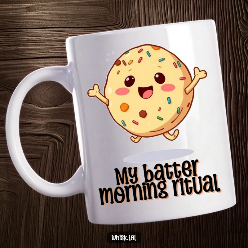 Funny bouncing cookie with sprinkles leaping with pure delight on a ceramic mug, a cheerful and whimsical gift.