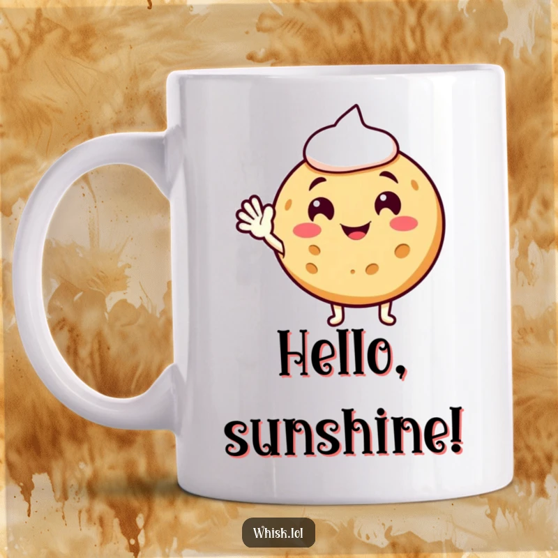 Funny cookie mug, joyfully waving with frosting, offering a sweet and humorous greeting.