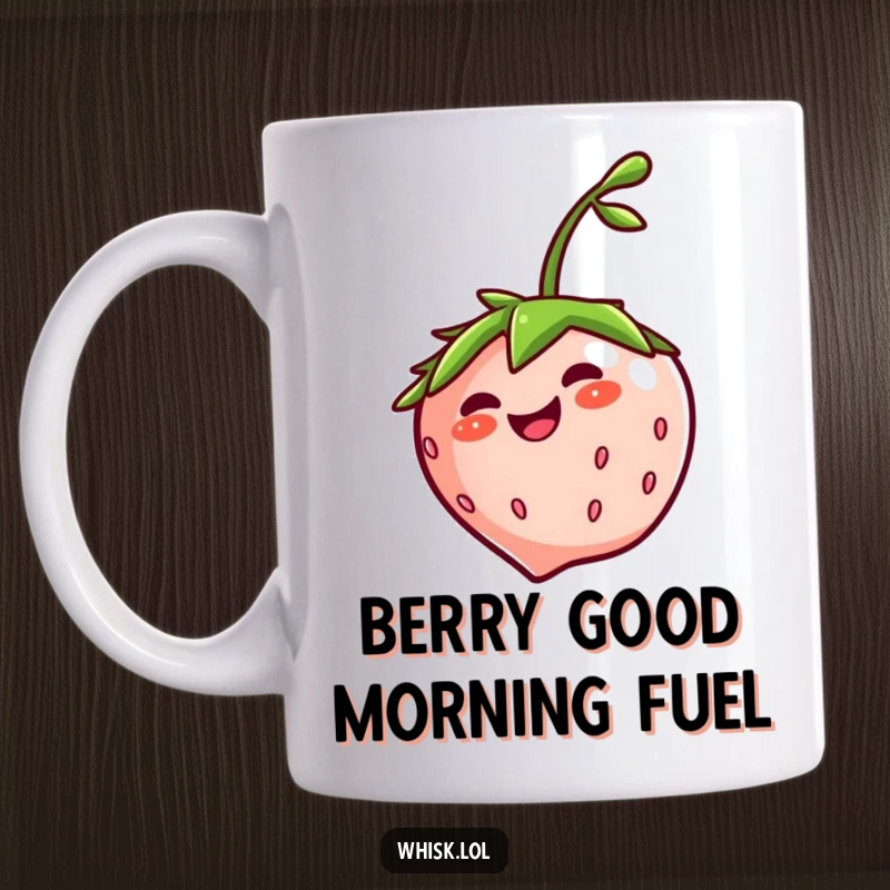 Funny giggling strawberry with a jaunty stem spinning happily on a ceramic mug, spreading cheer and fruity fun.