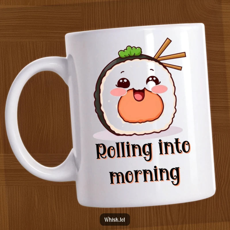 Funny Mug featuring a grinning piece of sushi holding tiny chopsticks, ready to stir up some fun.