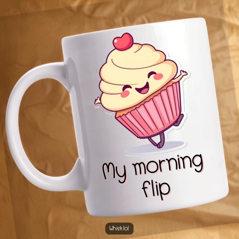 Funny cupcake mug, mid-cartwheel with a cheerful expression, embodying playful energy and sweet fun.