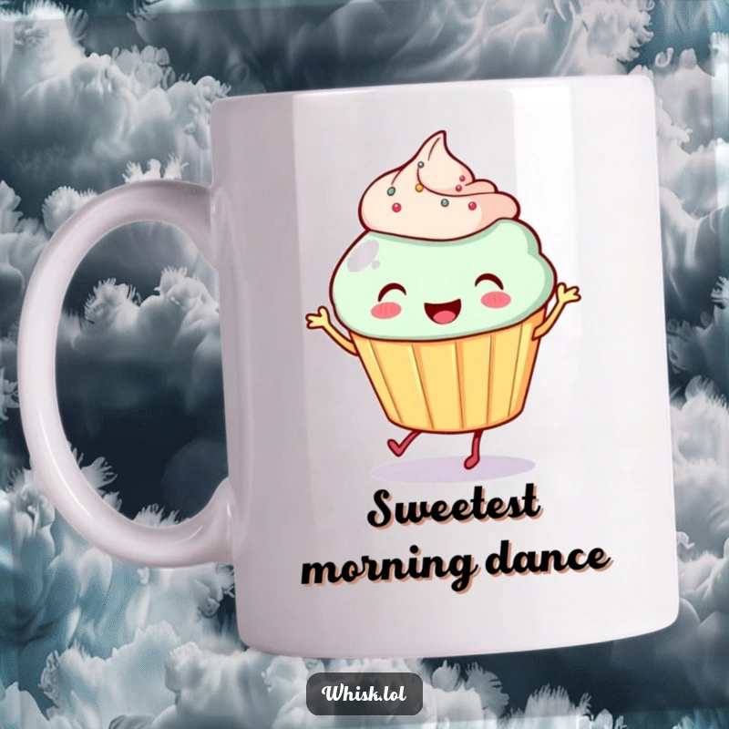 Funny Cupcake Jig Mug: A smiling cartoon cupcake with tiny legs joyfully dances, spreading cheer with its delightful jig, perfect for a sweet treat.