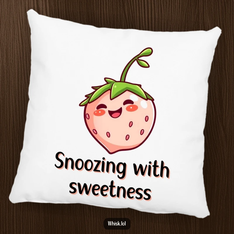 Funny giggling strawberry spinning merrily on a soft pillow, offering comfort and a playful, fruity charm.