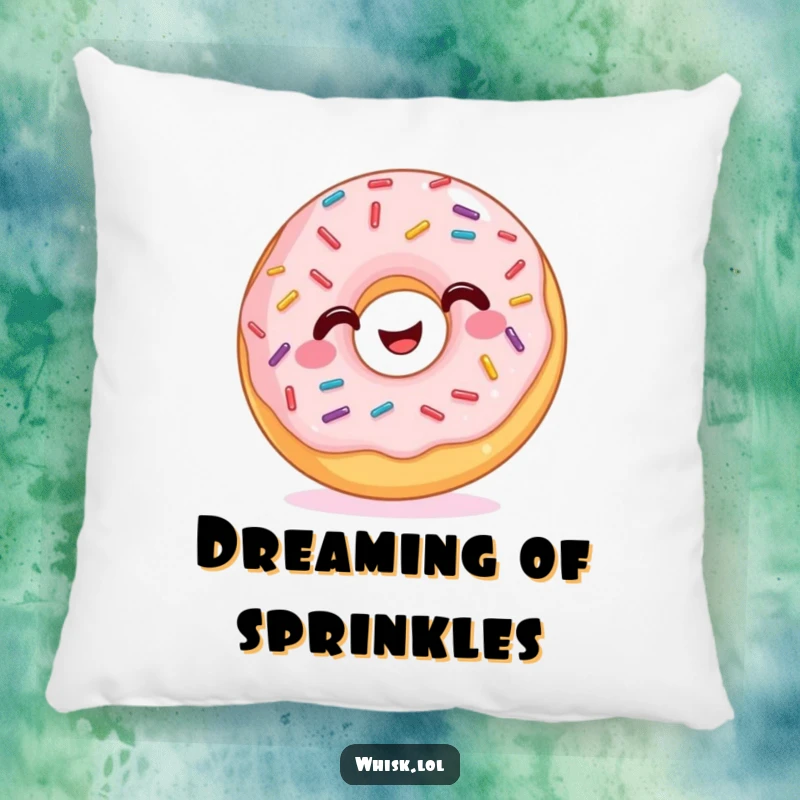 Funny Pillow featuring a smiling donut with a lively scattering of wiggling sprinkles, adding comfort and charm.