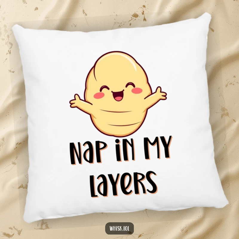 Funny Pillow designed as a soft, smiling croissant with arms outstretched, ready for a comforting, baked hug.