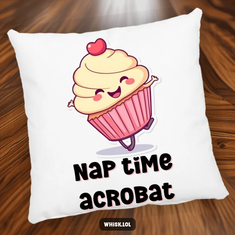 Funny cupcake pillow, performing a cartwheel, a soft and humorous companion for cheerful relaxation.