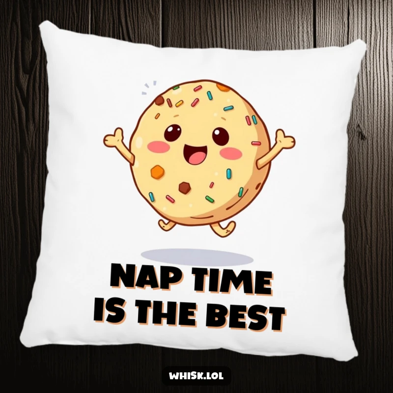 Funny bouncing cookie with sprinkles providing comfort on a soft pillow, perfect for a cozy and cheerful atmosphere.