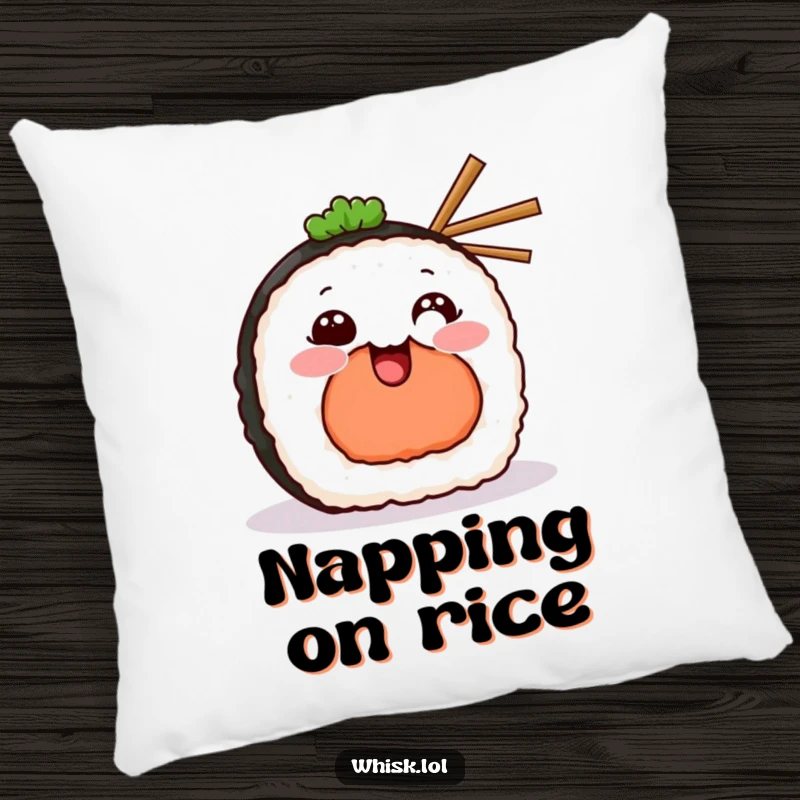 Funny Pillow designed as a grinning sushi piece, holding tiny chopsticks, offering comfort and a touch of humor.