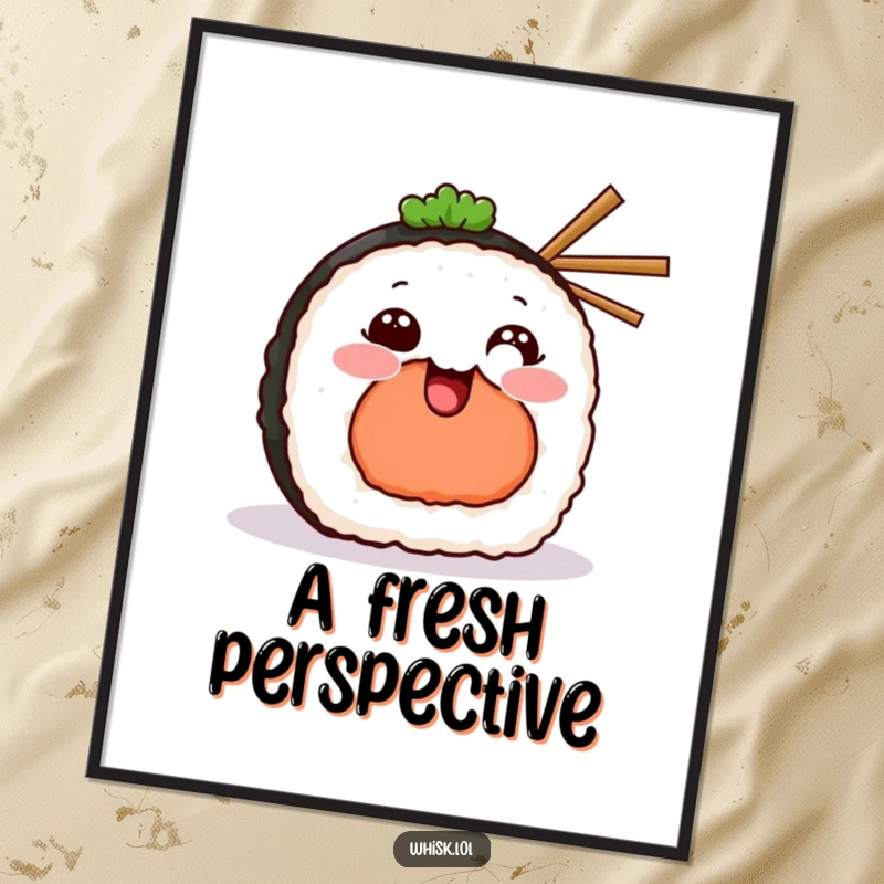 Funny Digital Art Print of a sushi piece with a wide grin and tiny chopsticks, a downloadable dose of humor.