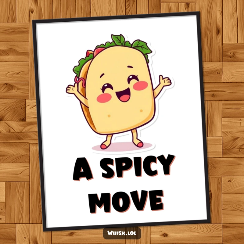 Funny taco digital art print, dancing with salsa, bringing flavorful and humorous vibes.