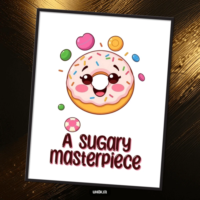 Funny donut digital art print, in a delightful juggling act, bringing sweet and humorous vibes.