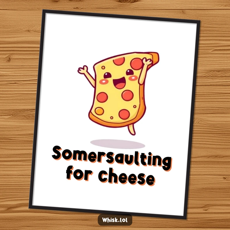 Funny cheesy pizza slice doing a somersault digital art print, bringing instant joy and playful energy to any room.