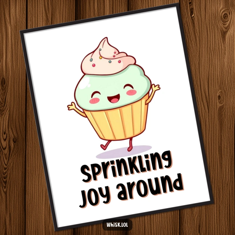 Funny Cupcake Digital Art: A smiling cupcake with tiny legs performs a lively jig, a hilarious and joyful dessert dance for your walls.