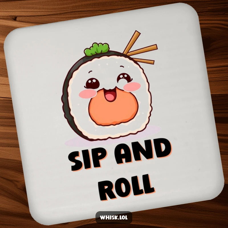 Funny Drink Coasters featuring a grinning sushi piece with tiny chopsticks, ideal for protecting surfaces with a smile.
