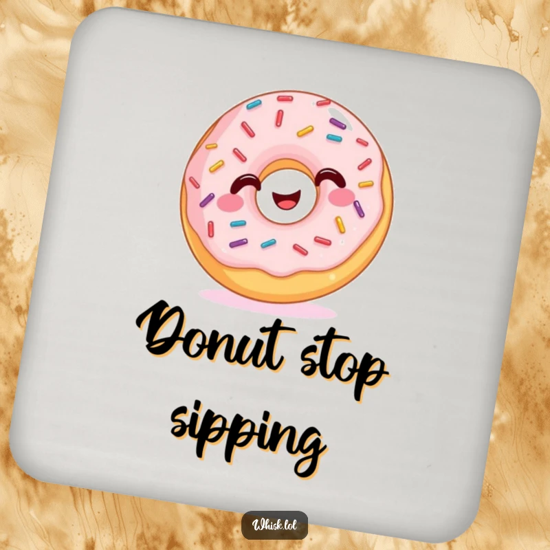 Funny Drink Coasters featuring a happy donut with a lively scattering of wiggling sprinkles, perfect for surface protection.