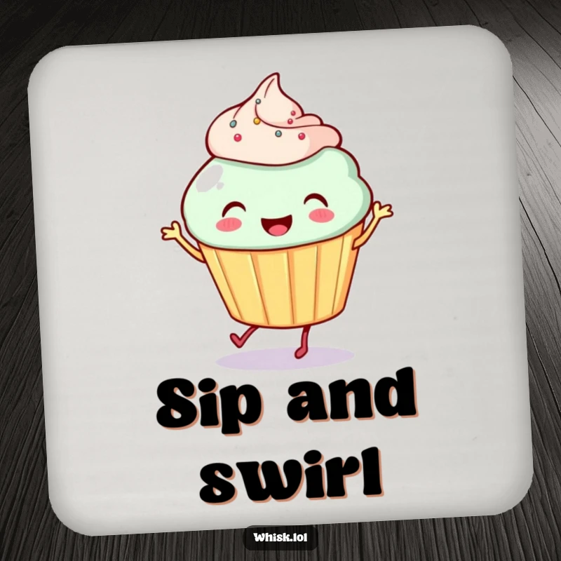 Funny Cupcake Coaster: A smiling cupcake with tiny legs dances joyfully, adding a touch of sweet humor to your drink setup.