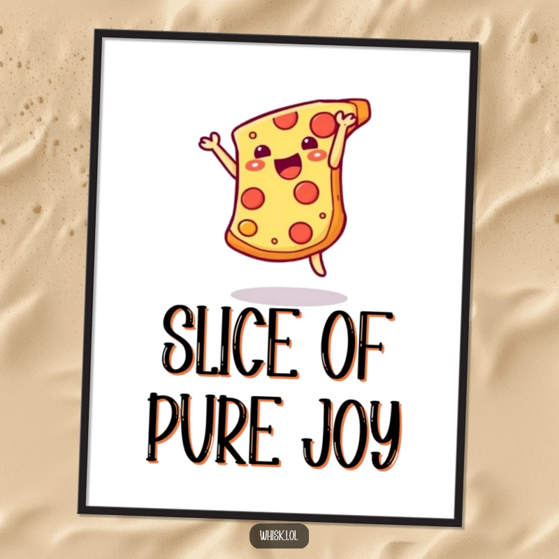 Funny cheesy pizza slice doing a somersault artwork on a poster, bringing playful energy and delicious vibes.