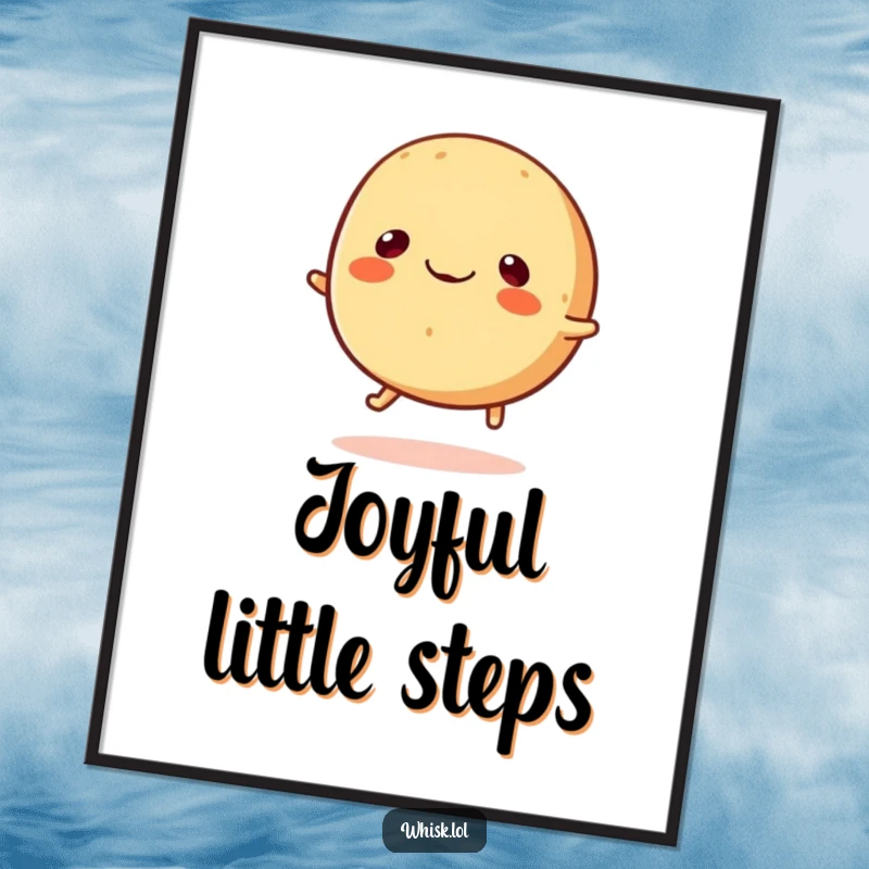 Funny round bread roll with tiny legs happily bouncing, poster celebrating food and fun.