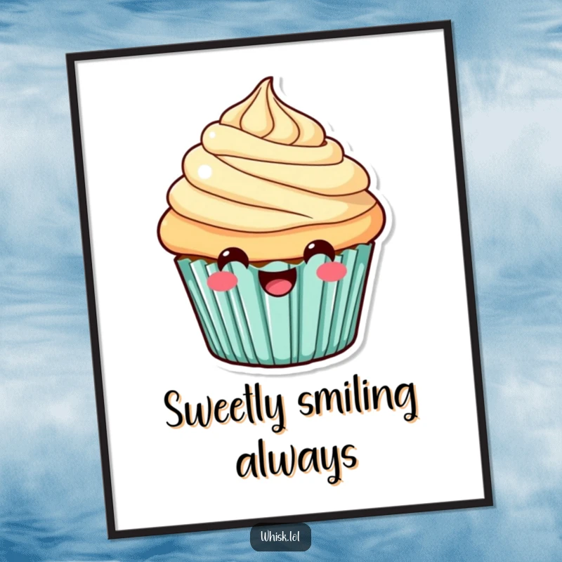 Funny Poster featuring a vividly illustrated cupcake with a swirling frosting peak and a wide, happy grin.