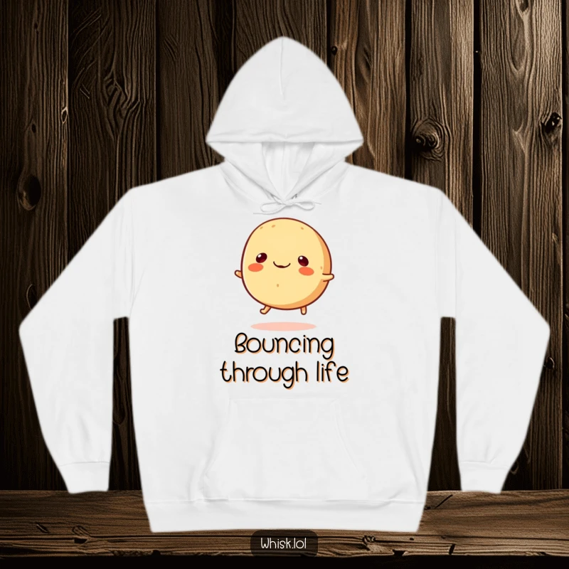 Funny round bread roll with tiny legs happily bouncing, warm hoodie for a funny gift.