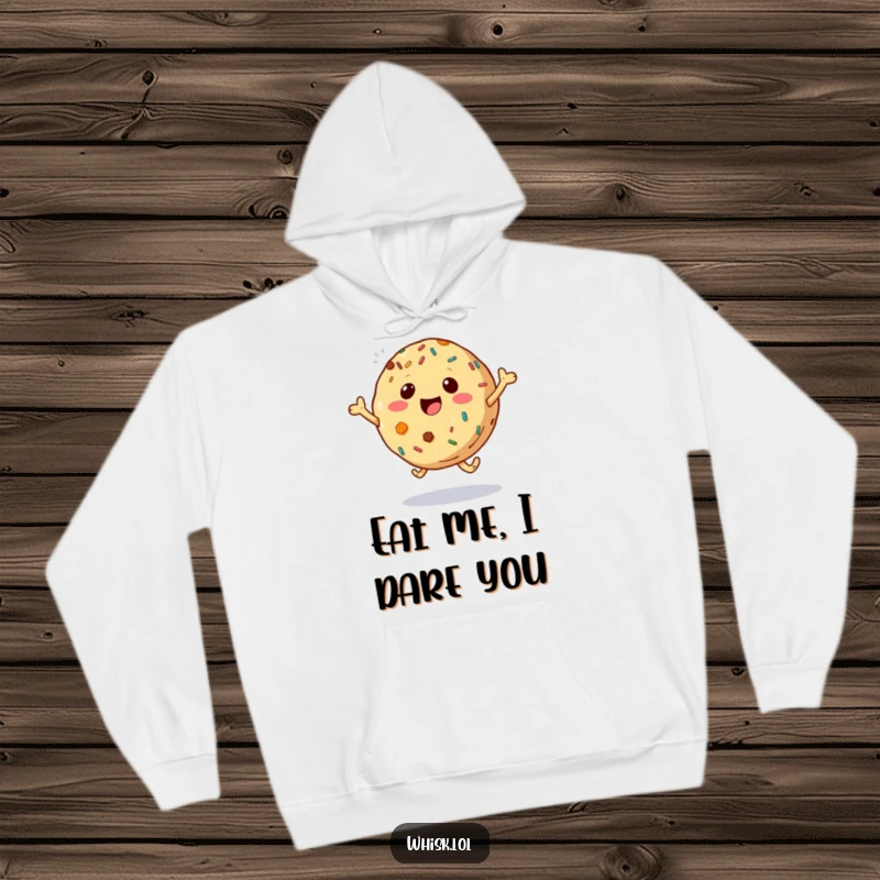 Funny cookie with sprinkles joyfully bouncing on a cozy hoodie, a warm and humorous apparel choice.