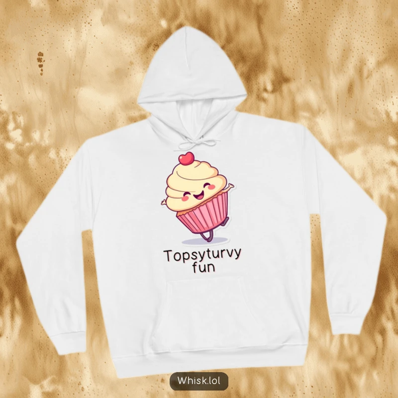 Funny cupcake hoodie, spinning in a cartwheel, offering warm comfort and a dose of playful humor.
