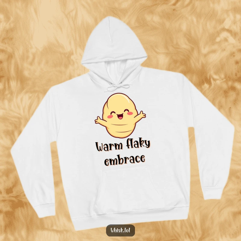 Funny Hoodie depicting a smiling croissant with open arms, ready to give the coziest baked hug imaginable.