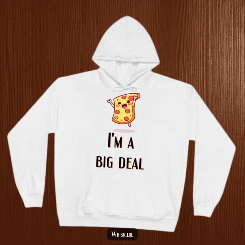 Funny cheesy pizza slice performing a somersault on a warm hoodie, perfect for comfort and humor.