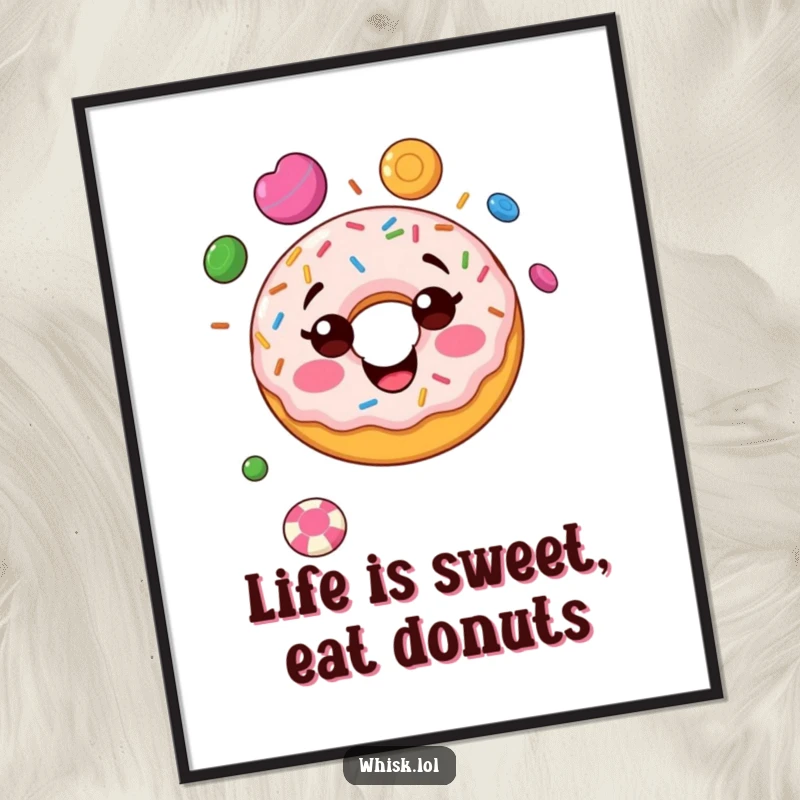 Funny Free Printable Donut Wall Art: A smiling donut with colorful sprinkles juggling a cascade of delicious candies, radiating pure joy.