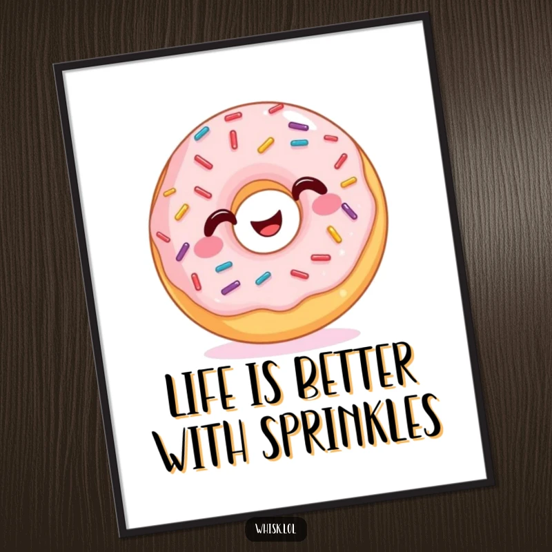 Funny Free Printable Donut Wall Art: A smiling donut covered in cheerfully wiggling sprinkles, bringing joy.