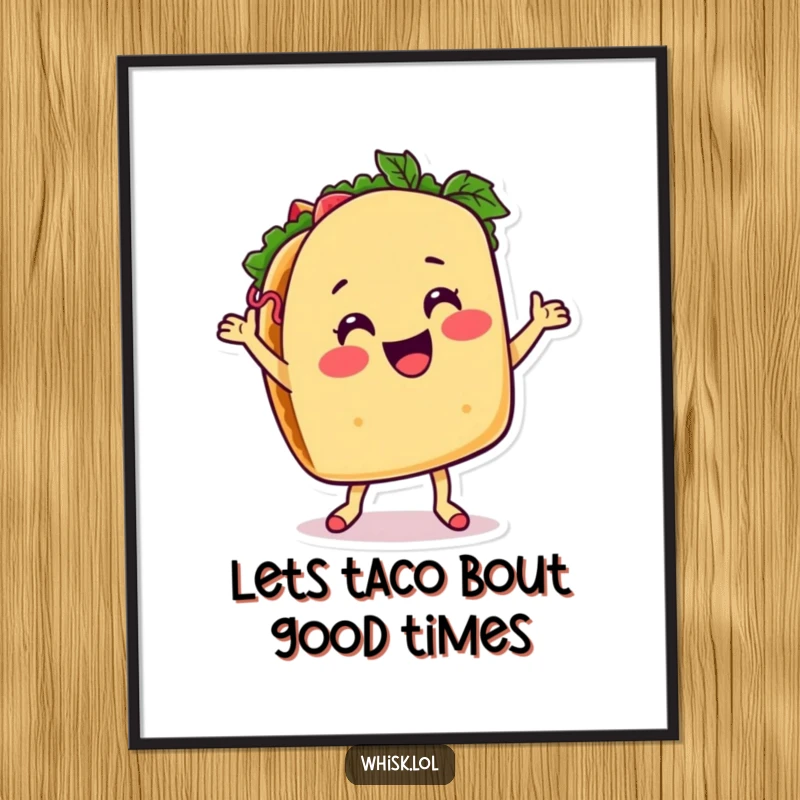 Funny Free Printable Taco Wall Art: A smiling taco character dancing with salsa, bringing a lively and festive atmosphere to any room.