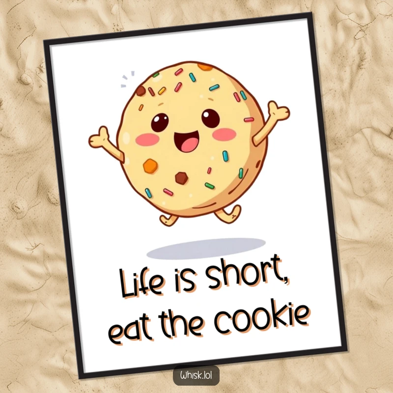 Funny Free Printable Wall Art: A cookie with colorful sprinkles leaping energetically, radiating pure happiness and joy.