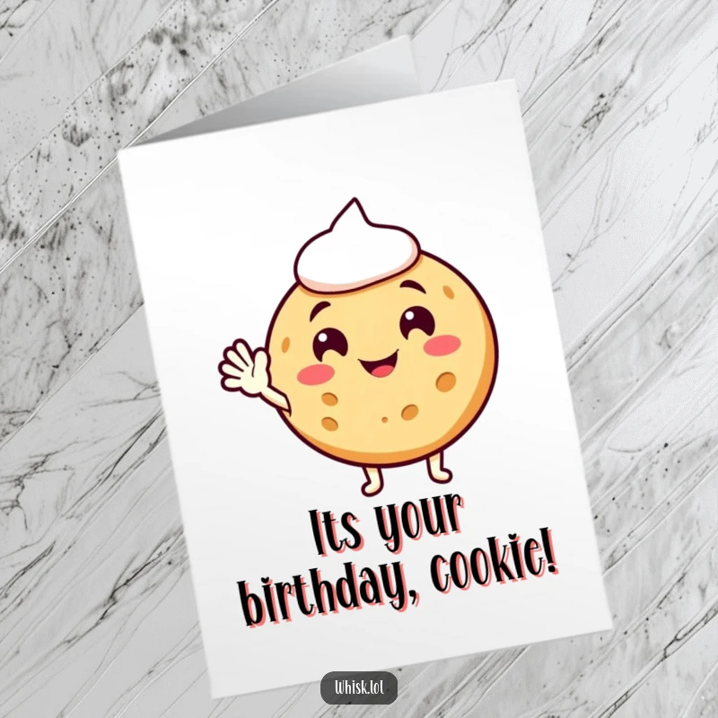 Funny Free Printable Cookie Birthday Card: A jolly cookie with frosting happily waving a greeting, wishing a sweet and cheerful birthday.