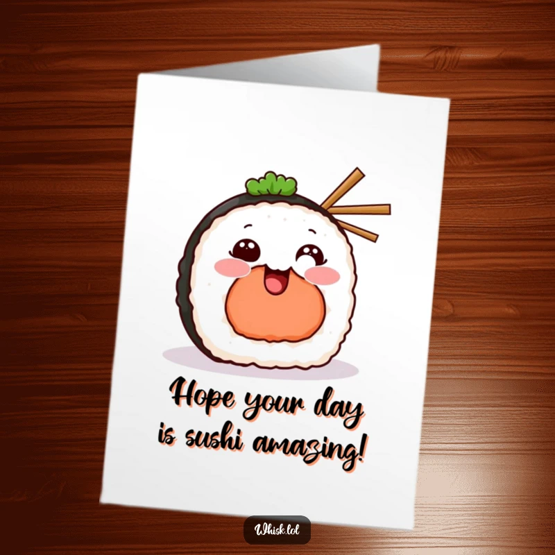 Funny Free Printable Birthday Card: A grinning sushi piece holding tiny chopsticks, ready to party.